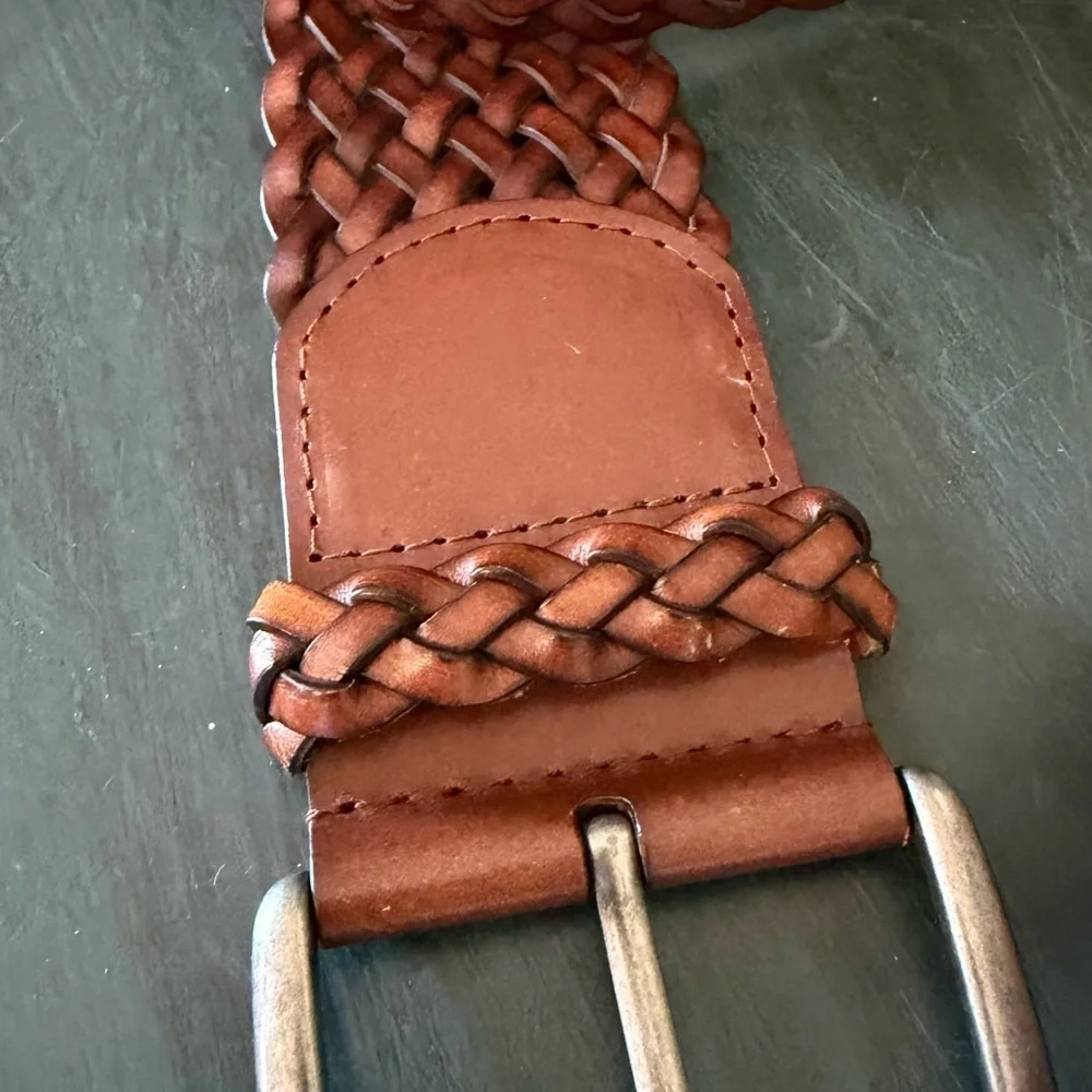 Wide Woven Braided leather belt with silver-colored buckle. XL